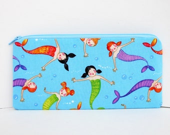 Pencil Pouch, Long Zippered Bag, Mermaid Girls on Turquoise