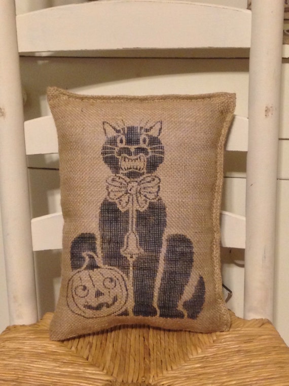 Items similar to Burlap Pillow, Halloween Decor, Black Cat, Burlap Bag ...