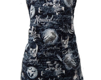 US Handmand Spooky Skulls Pattern, Cotton, Reversible Apron, "2 APRONS IN 1", New