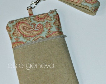 Natural Japanese Linen and Blue and Pink Paisley Phone Case with Wristlet and Optional Shoulder Strap iPhone 4 5 6 Plus Note