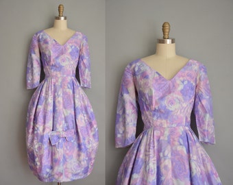 vintage 1950s dress / 50s dress / floral silk party dress
