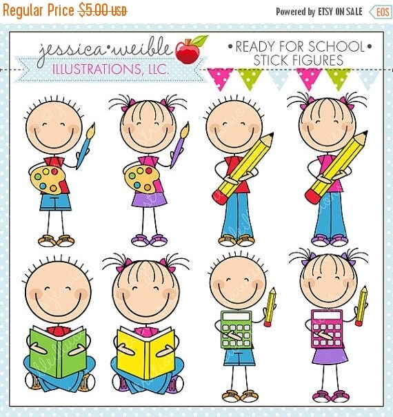 ON SALE Ready For School Stick Figures Cute by JWIllustrations