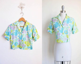 VIntage 50s Shirt | Crop Top | 1950s Floral Blouse