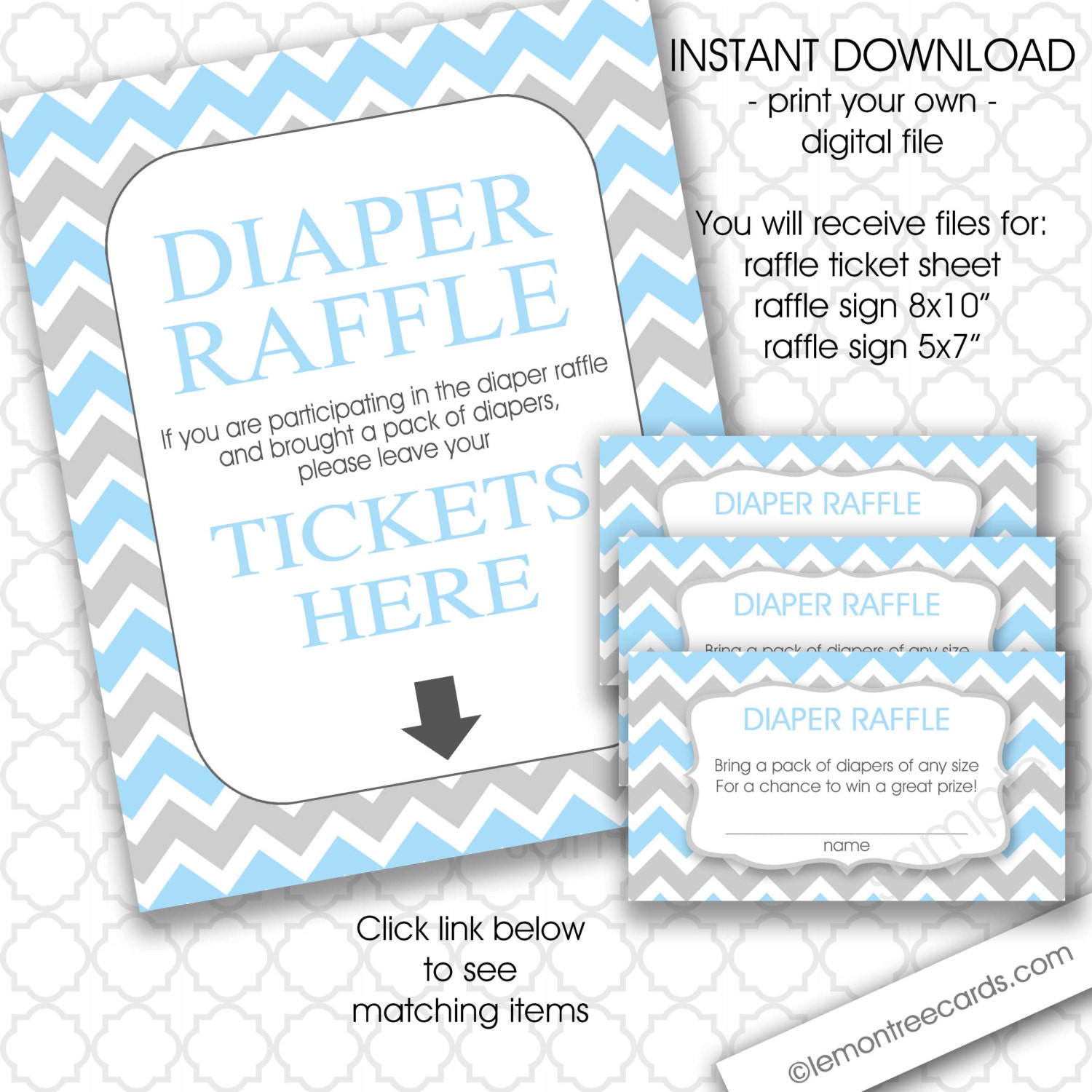 Blue Gray Chevron Diaper Raffle tickets and sign / boy baby