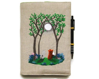A6 notebook and pen, gift set, reusable notebook cover, embroidered linen woodland Summer moonlight scene with a fox and cat.