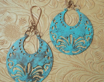 Gypsy Cowgirl Earrings - Brass Crescents with Cut Out Designs and Turquoise Virdigris Finish