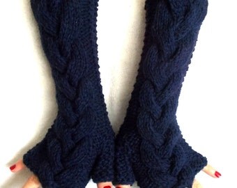 Fingerless Gloves Long Cabled Navy/ Dark Blue Arm Warmers