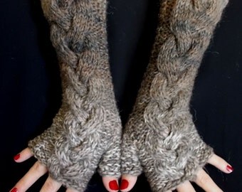 Fingerless Gloves Long Cabled Brown Shades Arm Warmers Warm Soft Handknit