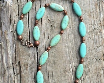 Turquoise necklace, turquoise jewelry, stone necklace, blue green necklace, boho chic jewelry, boho chic necklace, copper turquoise jewelry