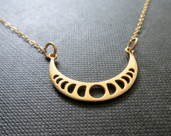 Moon phases necklace, sideways moon charm necklace, celestial jewelry