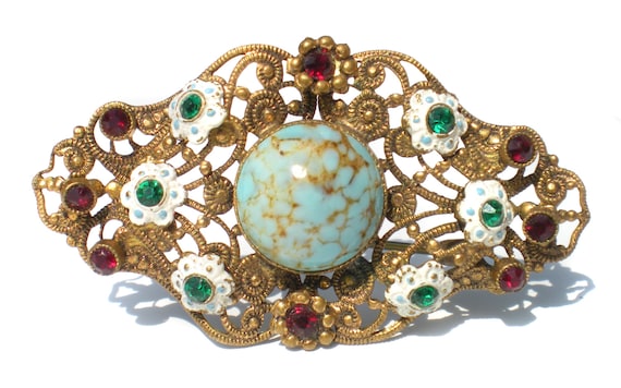 Vintage Rhinestone Jewelry Brooch Ornate Stamped Filigree with
