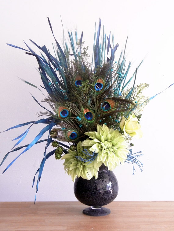 Details About Artificial Flower Arrangement Peacock | new blue and green peacock feather floral arrangement in Details About Artificial Flower Arrangement Peacock | new blue and green peacock feather floral arrangement in