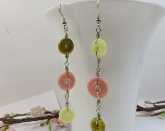Handmade Lampwork Disc Earrings, Peach Soda Earrings, Artist Made Lampwork Glass Earrings Peach Chartreuse & Lemon, Long Sterling Earrings
