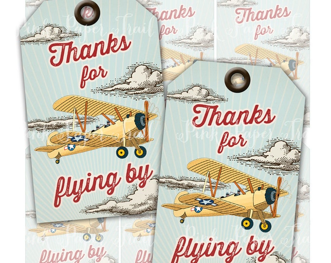 Vintage Retro Airplane - Biplane - Thank You Favor Tags - Instant Download - Print Your Own