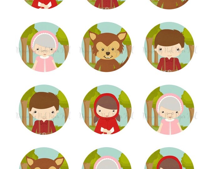 Little Red Riding Hood 2 inches Party Circles Cupcake Topper and Wrap - Instant Download - Print Your Own