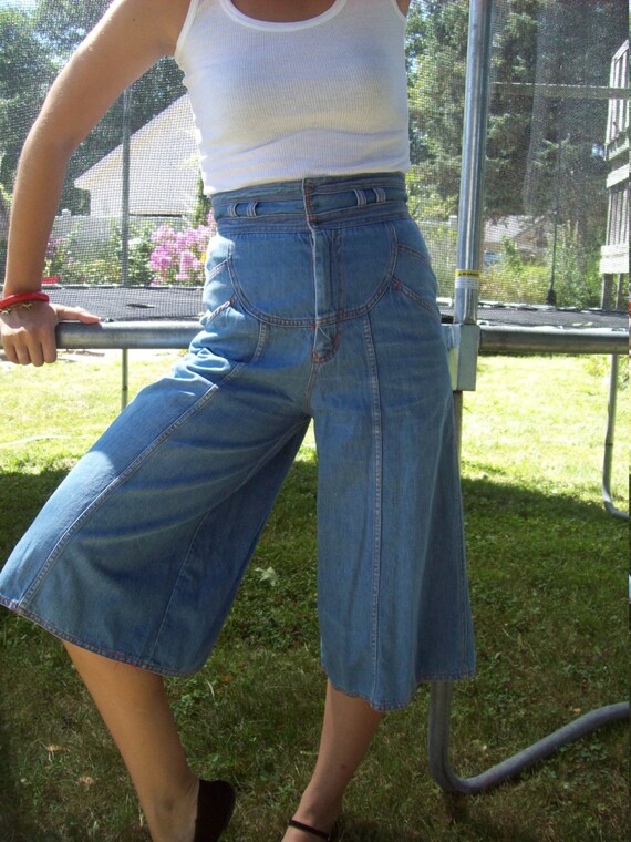 Ultra High Waisted Denim Gauchos Wide Leg Jean Capris By