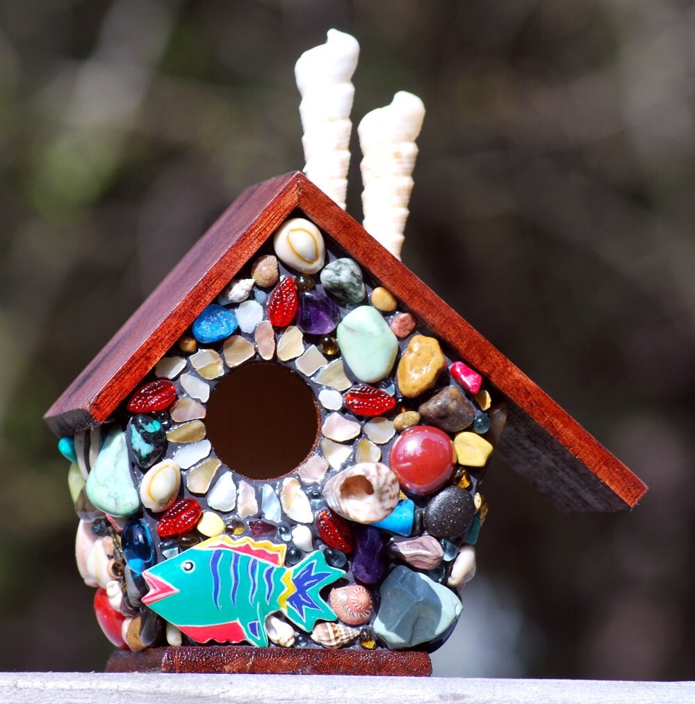 Tropical Mosaic Wren Bird house with Ocean by WinestoneBirdhouses