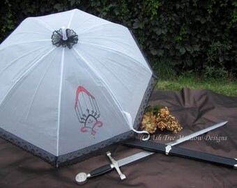Gothic Parasol, Victorian parasol, Rain or Shine, Parasol Name: The Medieval Cathedral, Handpainted parasol, lace parasol, white parasol,