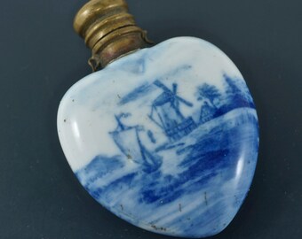 Victorian Porcelain Perfume Bottle. Chatelaine. Blue White Hand painted . dutch scene . No.002077 cs