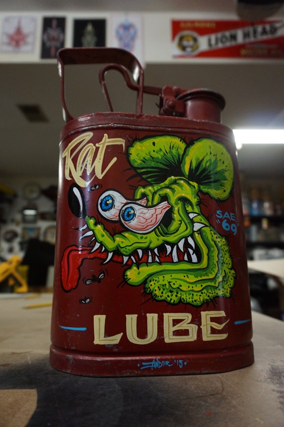 Hand painted Garage Art Rat Lube vintage gas can by Lumpysgarage