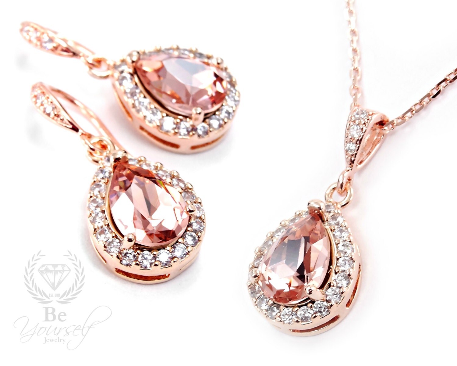 Soft Pink Bridal Earrings Blush Bride Necklace Rose Gold