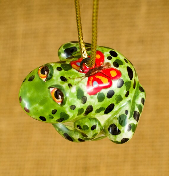 Vintage ornament small frog. Ceramic green by
