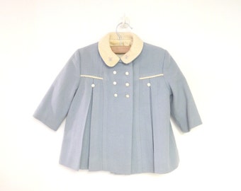 Vintage Baby Clothes, 1950's Light Blue and Ivory Wool Baby Girl Coat Set, Vintage Baby Coat, Winter Baby Coat, Blue Baby Coat, Size 3T