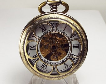 Pocket Watch Custom Engraved Bronze Finish Fancy Cutout Cover Personalized Mechanical Double Dust Cover Wind Up - Hand Engraved