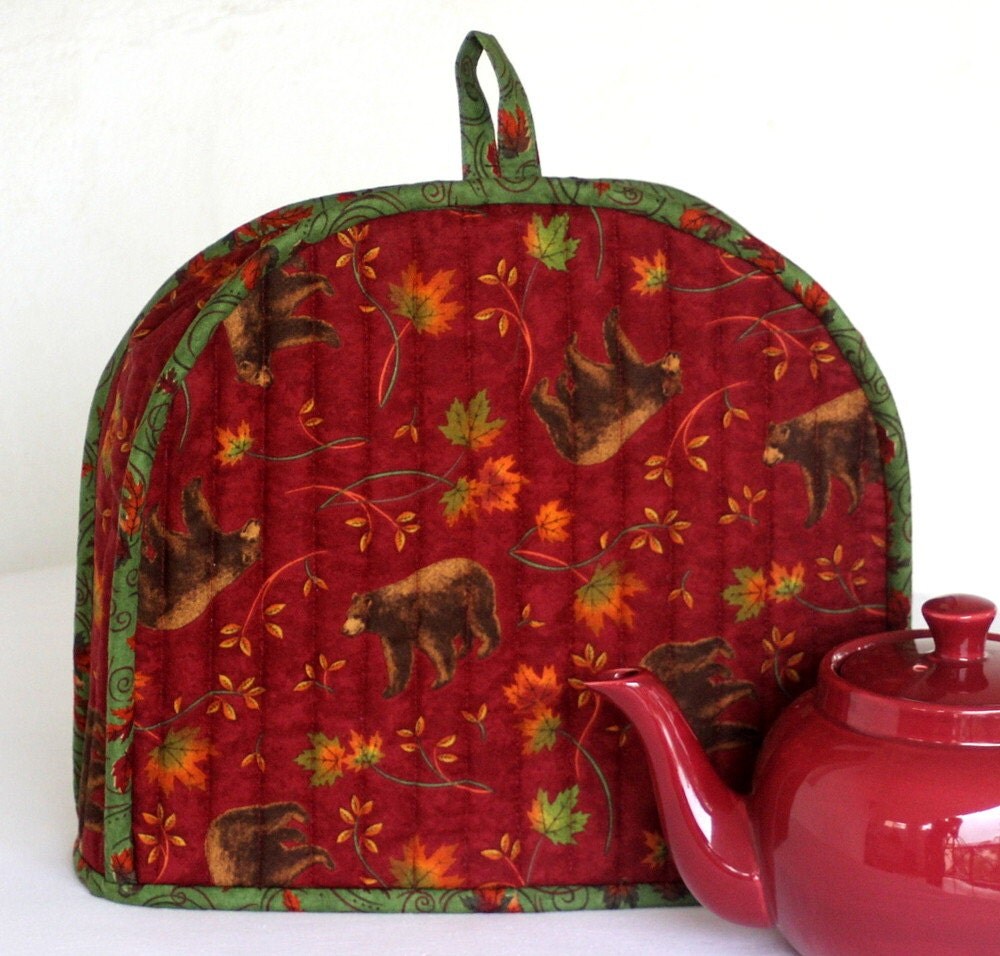 Quilted Fall Tea Cozy Bear Tea Cozy Maple Leaves Red
