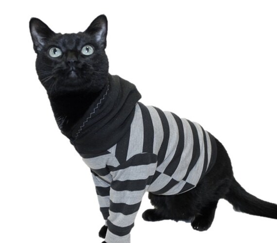 Cat Hoodie Cat Clothes Black and Gray Striped Cat Hoodie