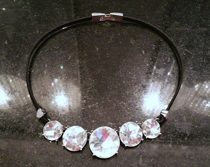 Women crystal Necklace, leather necklace with crystal