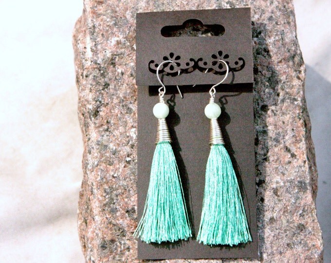 Boho earrings , Gipsy earrings,Chrysoprase earrings,Silk Tassel with semi presious gems