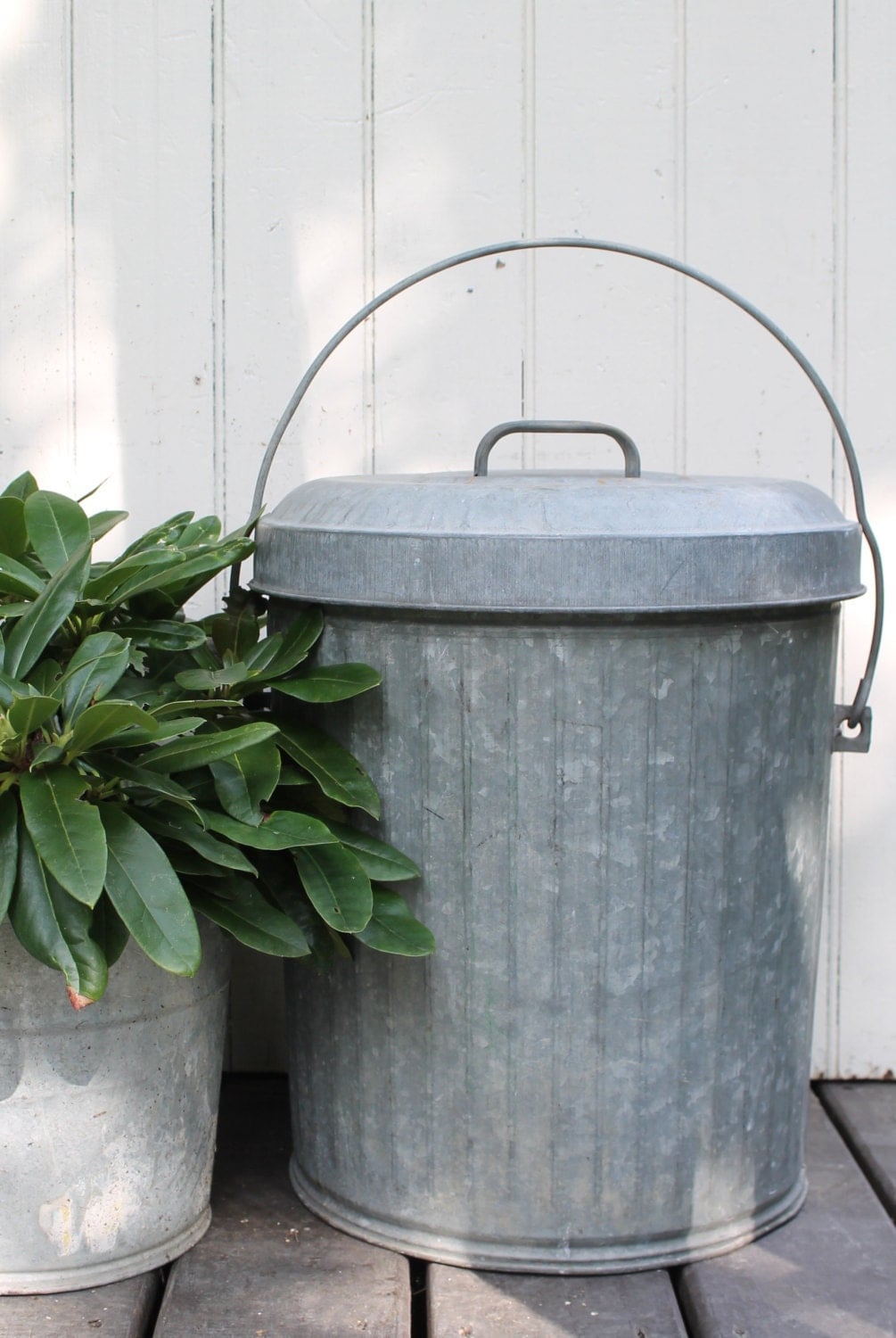 Vintage Zinc Galvanized Fluted Garbage Bin // Storage Can // Handle