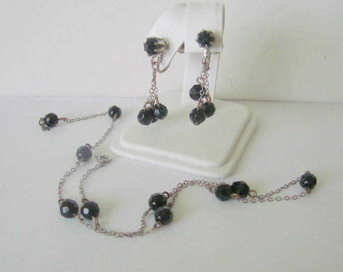 Vintage Sterling Black Glass Bead Necklace & Earrings / Chandelier / Demi Parure / Screw Backs / Jewelry / Jewellery