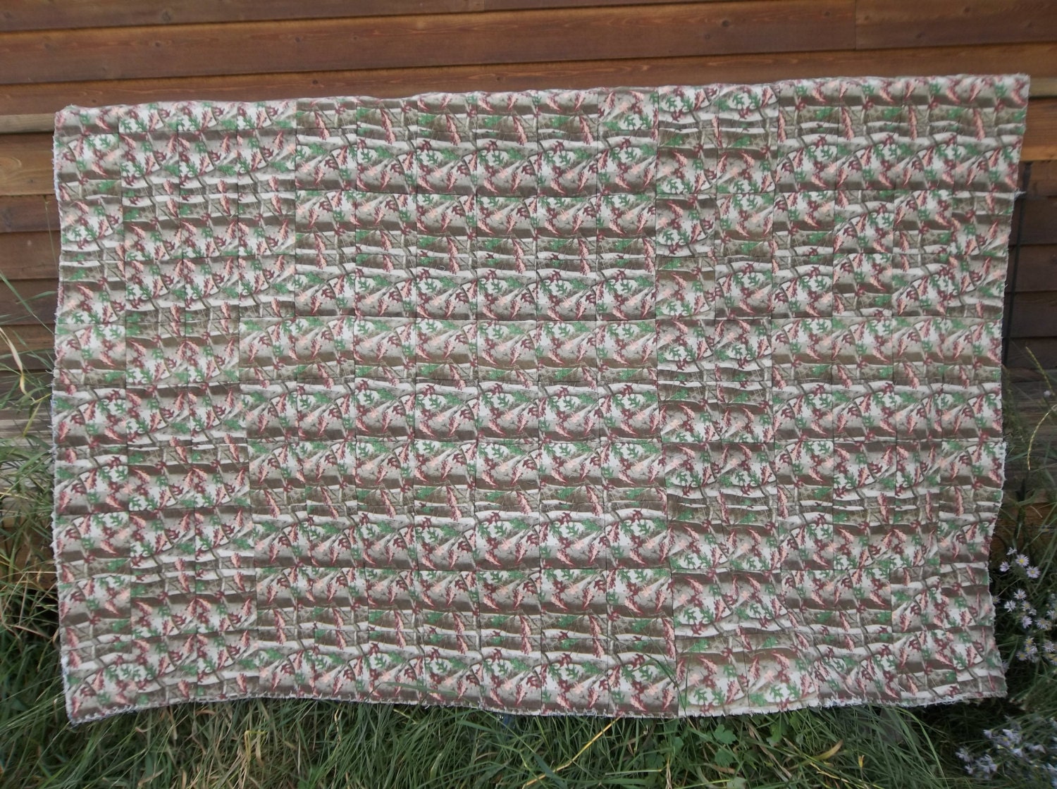 Camo and denim twin size rag quilt. by
