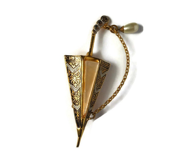 FREE SHIPPING Damascene umbrella brooch, Toledo ware mother of pearl brooch with dangling chain and faux pearl drop, parasol, mid century