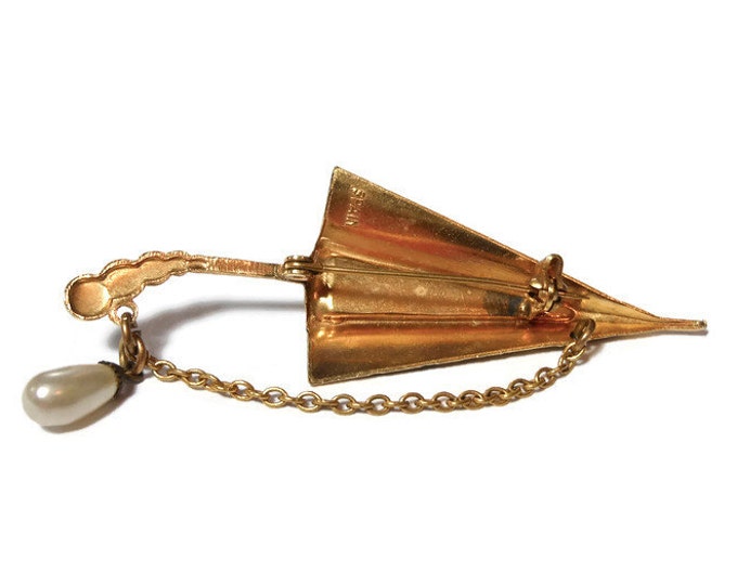 FREE SHIPPING Damascene umbrella brooch, Toledo ware mother of pearl brooch with dangling chain and faux pearl drop, parasol, mid century