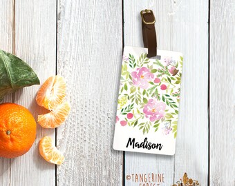 Pink & Green Watercolor Floral Personalized Luggage Tag