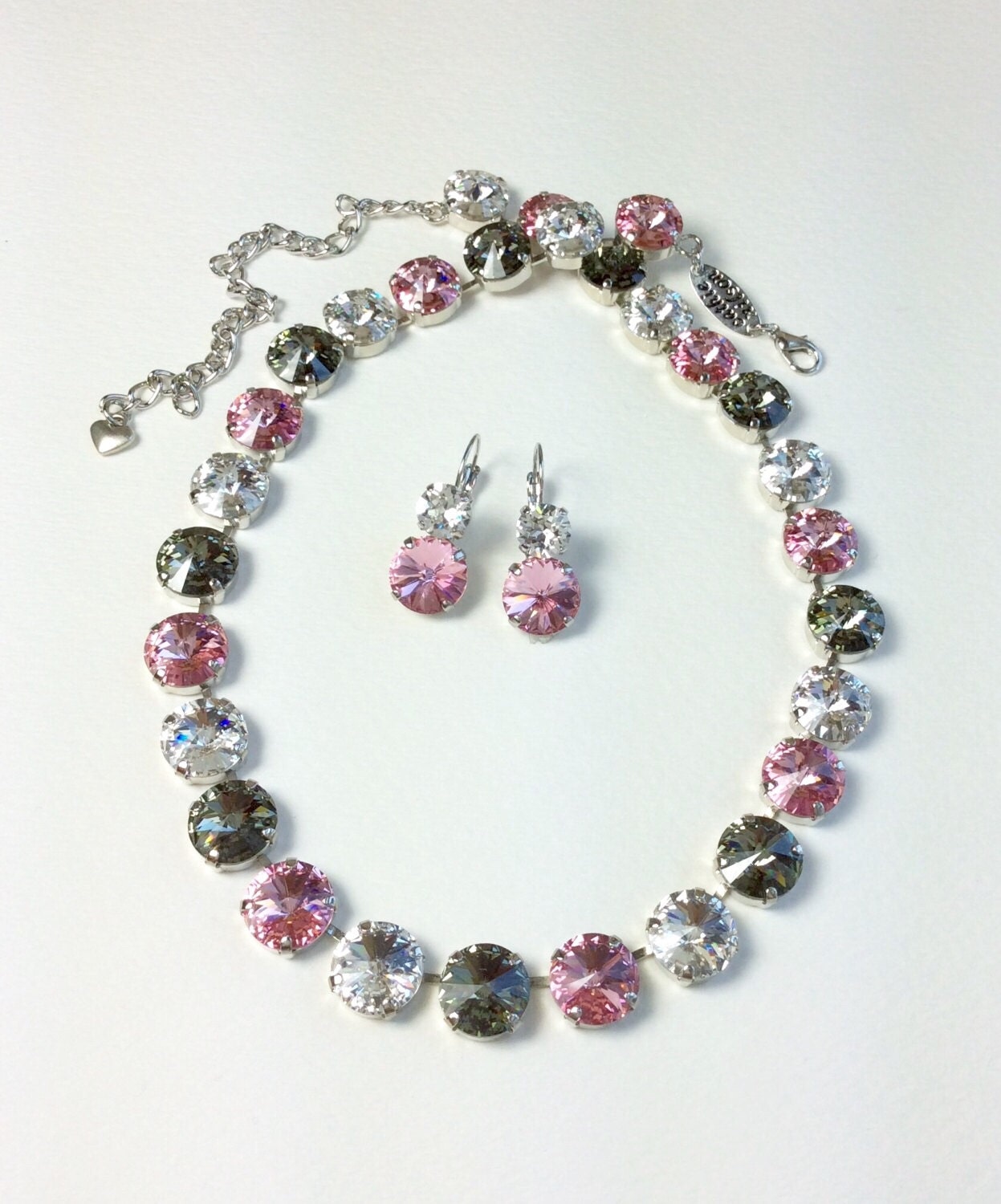 Swarovski Crystal 12MM Necklace Bracelet/and Earrings - Designer Inspired - Lt. Rose, Crystal and Black Diamond - Sparkle! - FREE SHIPPING