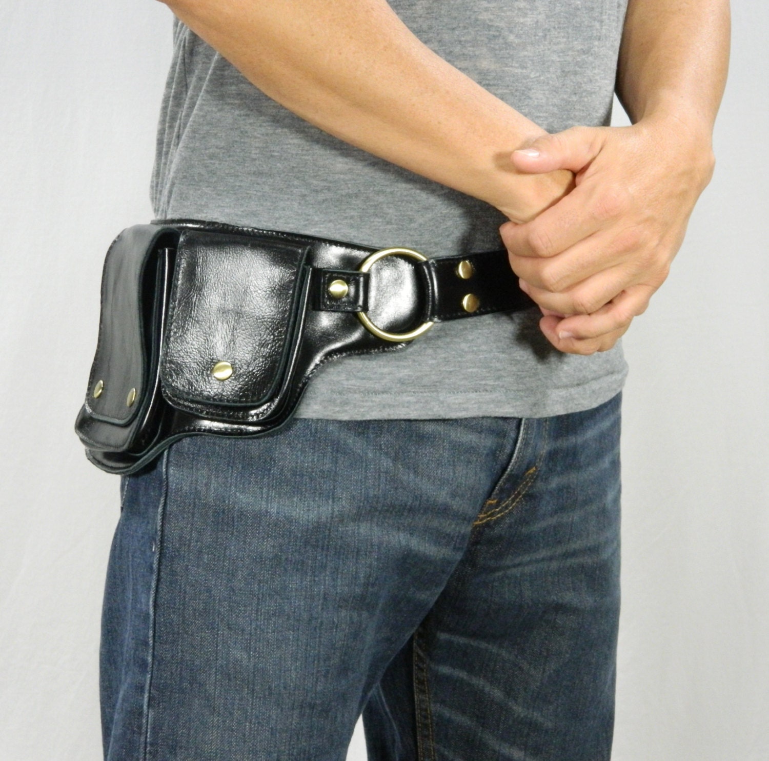 Men's Hip Pack Leather Utility Belt Black/Antique Brass