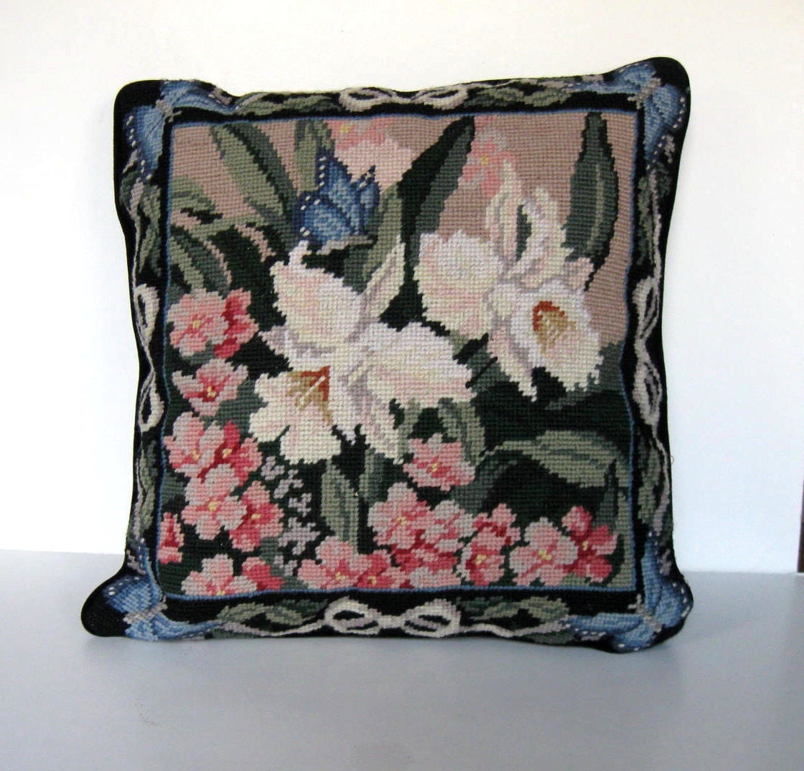 Vintage black floral needlepoint accent pillow handstitched