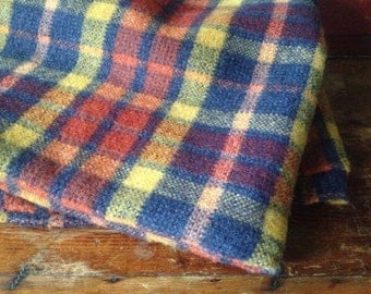 Plaid Laine Wool Blanket, Stadium Cabin Travel Picnic Blanket, Rust and Navy Blue