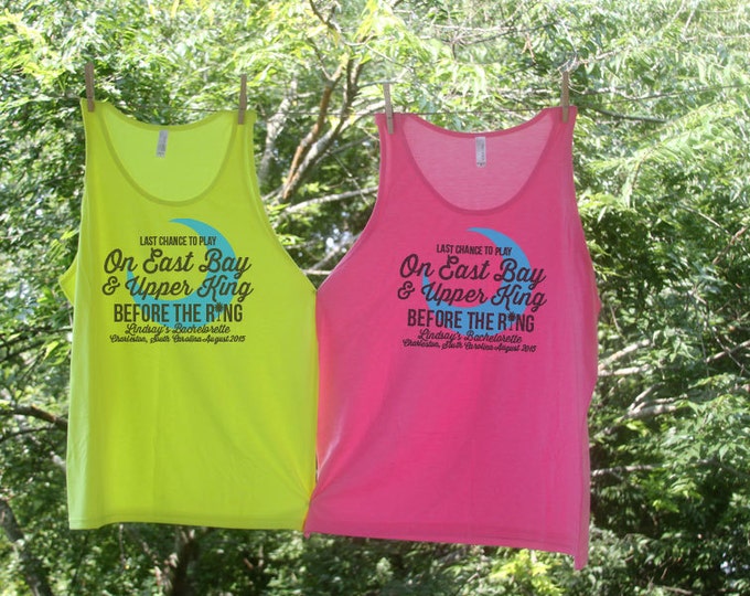 Last Chance to Play On East Bay and Upper King Before The Ring // Custom Bachelorette // Charleston Bachelorette Beach Tank Sets