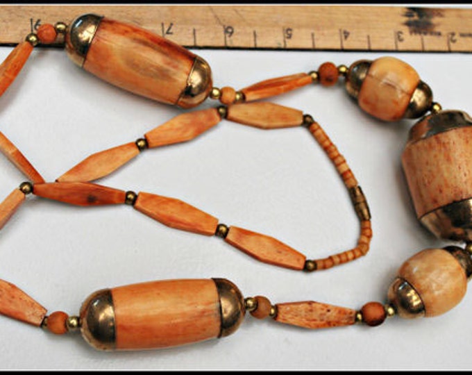 Boho Necklace Chunky Brass and Orange Bone bead Hippie Funky Tribal necklace