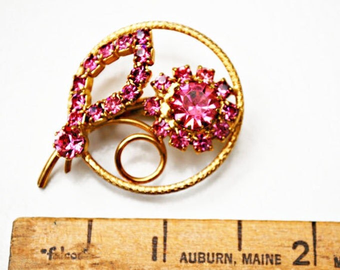 Pink Rhinestone Flower Brooch Mid century floral pin