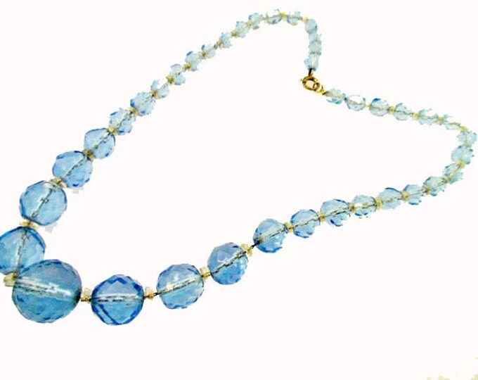 Graduated Bead Necklace Blue facet cut crystal glass Beads sterling silver clasp