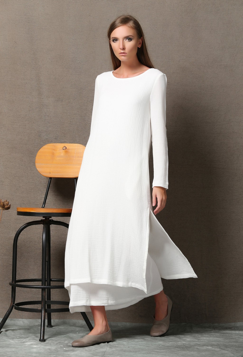 White Cotton Dress Layered Loose Fitting Plus Size Casual 6847