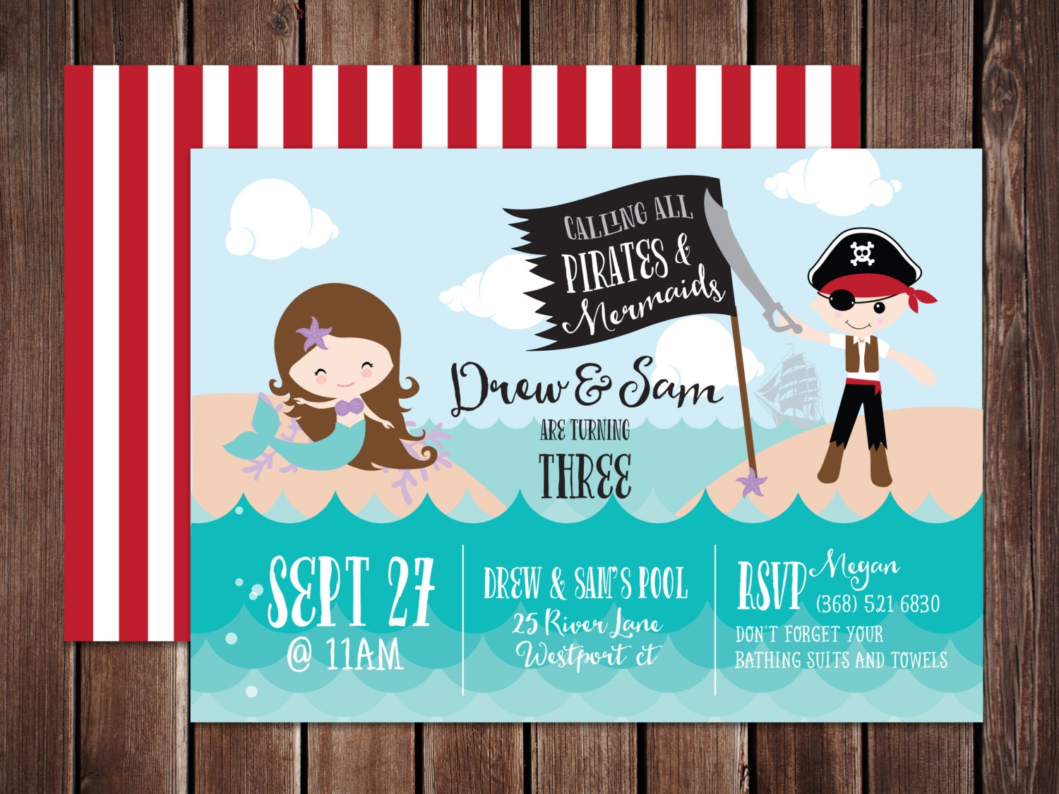 Pirates and Mermaids Birthday Printable PDF invitation 5x7