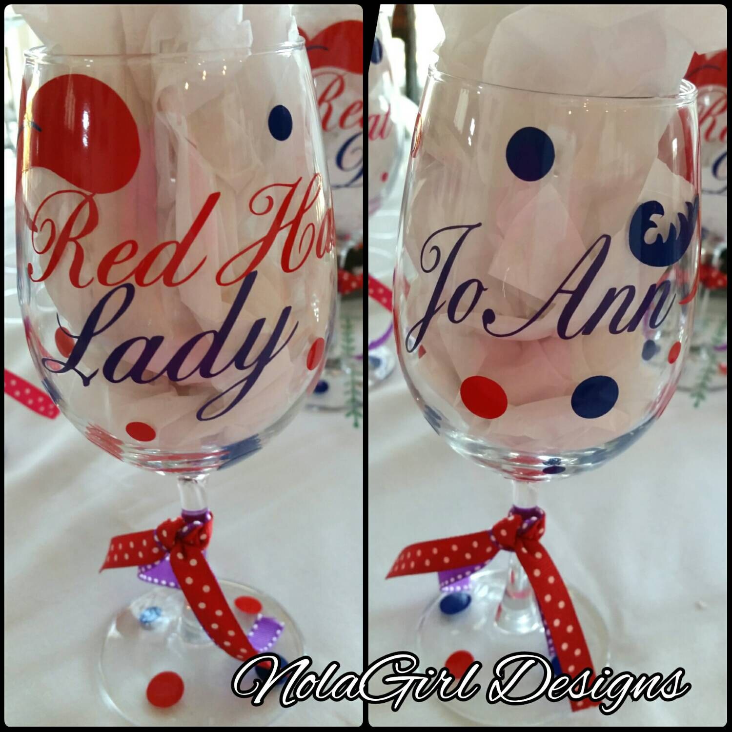 Red Hat Lady Wine Glass Red Hat Society Red Hats by NolaGirlDesign