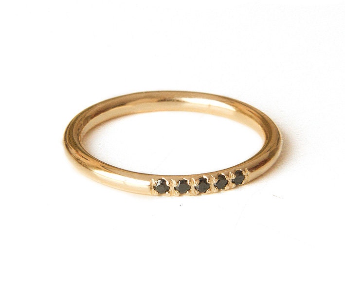 Stacking Gold and black Diamonds ring, Thin Gold filled Alternative engagement ring